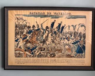 Antique Hand-Painted Woodcut Print "Bataille de Waterloo," by Francois Georgin. Measures  27" W x 18" D. 