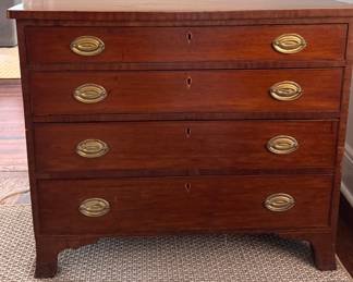 Antique Mahogany Hepplewhite Style Chest of Drawers with Oval Brass Hardware.  Measures 38.5" W x 18.5" D x 33" H. Photo 1 of 7. 