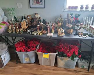 MANY CHRISTMAS LIGHTS, FIGURINES AND POINSETTIAS