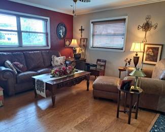 LEATHER STYLE SOFA, CHAIR AND OTTOMAN - LAMPS AND ACCESSORIES