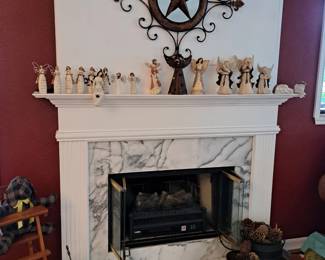 ELECTRIC FIREPLACE LOGS, PINE CONES, ANGELS AND CARVED FIGURINES