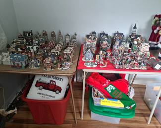 MANY LITTLE HOUSES TO LIGHT UP, PILLOWS, OTHER CHRISTMAS LINENS