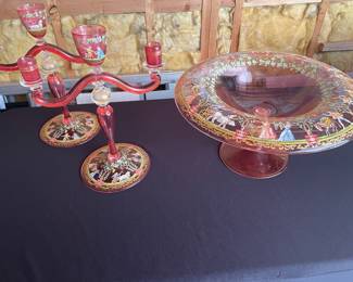 Venetian Cranberry Hand Painted Pieces by Salviati Murano