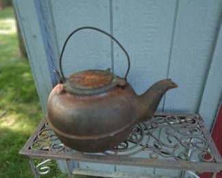Antique Wood Bishop & Co. Cast Iron Kettle