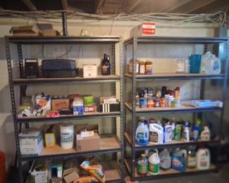 Lots of cleaning supplies and also , metal shelves are for sale