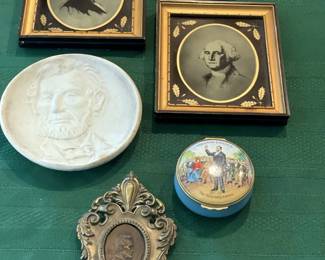 Lincoln Items, Weller Lincoln Souvenir Plate from 1904, Lincoln & Washington Prints by C&A Richards