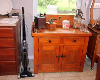 Antique Washstand, Butter Churn, Coffee Grinders