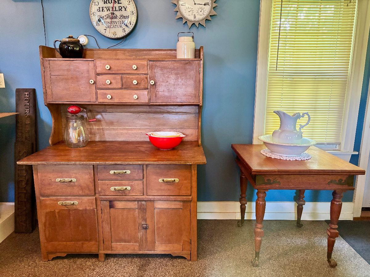 Antique Bakers Table, Oak Table, Pyrex Bowls