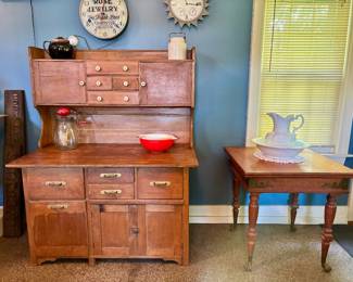 Antique Bakers Table, Oak Table, Pyrex Bowls