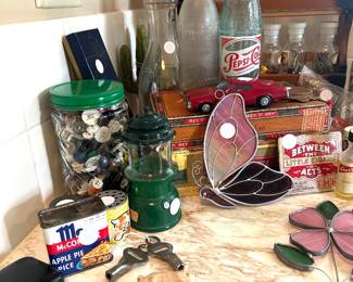 vintage spice can, jar with buttons, Pepsi Cola bottle, skate keys 