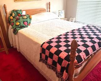 lovely maple poster bed, chenille bedspread, afghans  