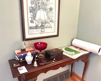 sofa table, ruby compote dish 