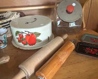 rolling pins, metal cake carrier, rolling pins, general store candy jar 