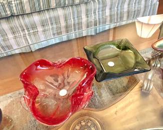 MCM Morano glass ashtray, vintage green ashtray 