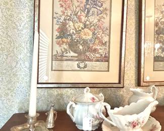 silver plate candlestick with snuffer, 3 piece creamer , sugar and gravy set 