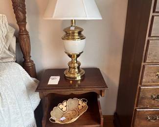 Cresent Pennsylvania cherry nightstand , white and brass lamp