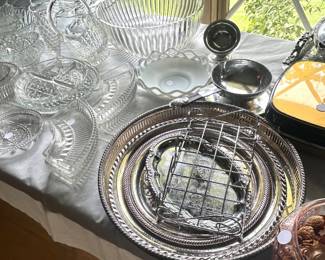 silver plate trays, vintage glass ware
