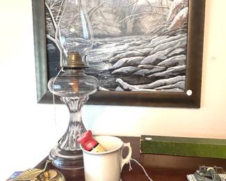 oil lamp, gentleman's mustache cup and razor 