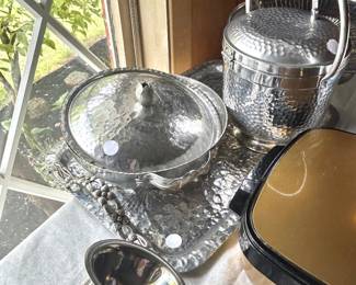 MCM hammered aluminum bowl, tray, ice bucket 