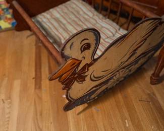 Vintage wooden doll cradle & duck pull toy
