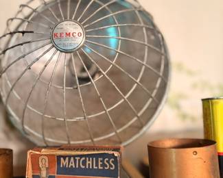 Vintage Kemco fan, Matchless miniature lamps box & copper mug