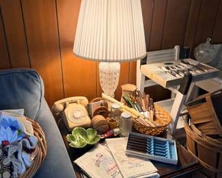 Vintage table lamp, rotary phone & sewing items