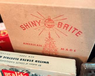 Vintage Shiny Brite ornaments & Usalite Christmas lights boxes