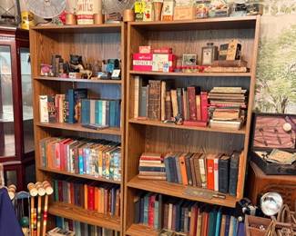 Bookcase of vintage & antique books, electric fans, croquet set