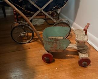Antique baby pram & vintage metal riding toy