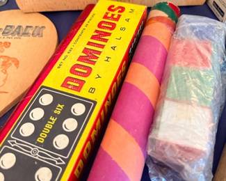 Vintage Halsam Double-Six dominoes set & crepe paper streamers