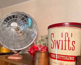 Vintage Swift's advertising tin, chrome electric fan & copper mug