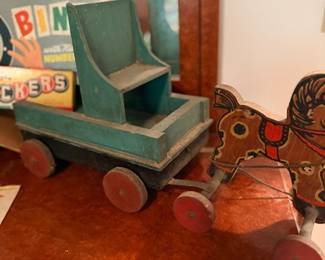 Antique wooden pull toy wagon & horse