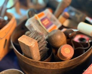 Copper bowl of vintage small tools, brushes & hardware