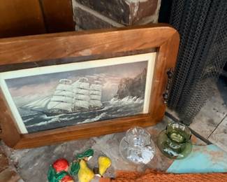 Framed clipper ship painting & ceramic fruit