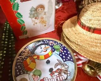 Snowman candy tin and porcelain candle holder