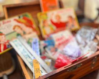 Wooden box of vintage children's books & ephemera