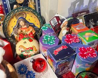 Religious icon plate and Christmas gift boxes