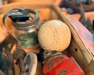 Crate of vintage tools, baseball, mason jar & hand-crank grinder