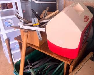 Vintage cooler ice chest and small table