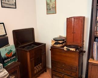 Antique phonograph cabinet & wooden furniture