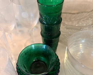 Green depression glass tumbler and bowl set