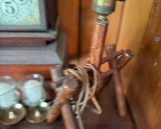 Vintage wall clock and wooden lamp base