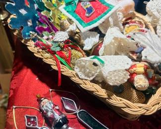 Basket of crochet Christmas ornaments and decor