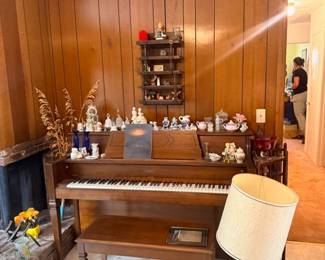 Vintage upright piano & table lamp