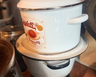 White enamelware stock pot with lid