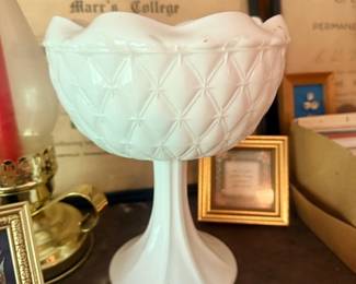 Milk glass quilted pedestal compote bowl