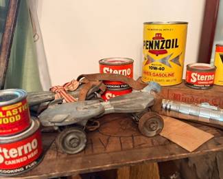 Vintage advertising tins — Pennzoil oil, Sterno & garage collectibles
