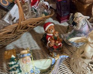 Blue Santa figure and teddy bear ornaments