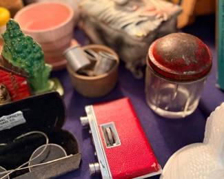 Vintage red camera, pottery planters & milk glass vase