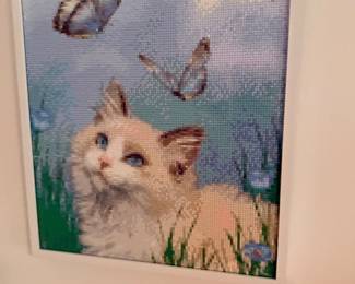 Framed cross-stitch kitten & butterflies needlework